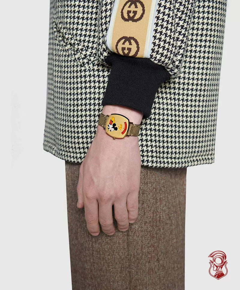 Gucci Grip Disney Mickey Mouse Gold Dial Brown Leather Strap Watch For Women - YA157420 Buy Now By Gucci