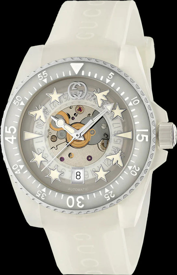 Shop Gucci Dive Automatic Transparent Dial White Rubber Strap Watch For Men - YA136343 in USA