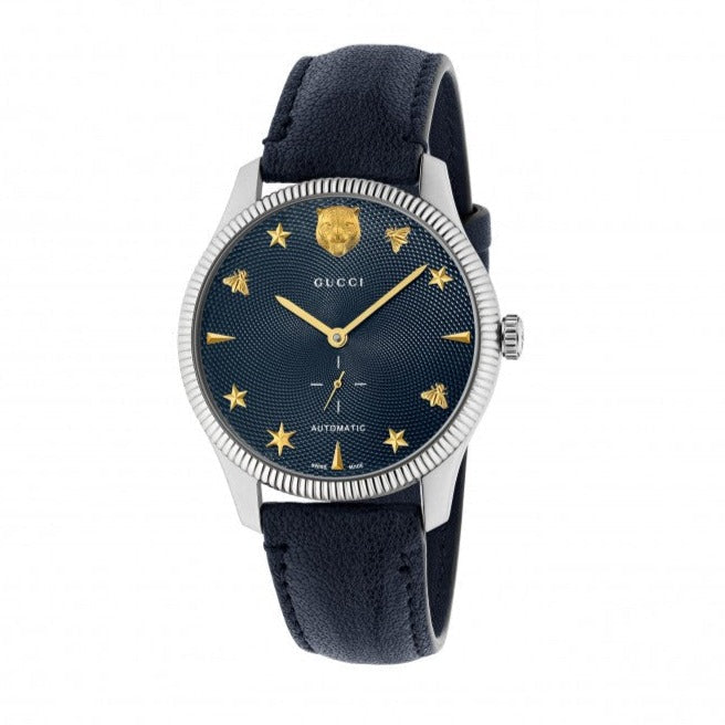 Shop Gucci G Timeless Automatic Blue Dial Black Leather Strap Watch For Men - YA126347 in USA