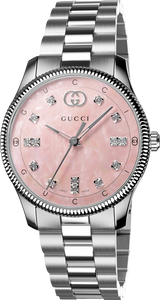 Gucci G Timeless Diamonds Mother of Pearl Pink Dial Silver Steel Strap Watch for Women - YA1265062 Buy Now By Gucci