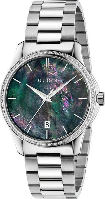 Shop Gucci G Timeless Diamonds Mother of Pearl Blue Dial Silver Steel Strap Unisex Watch - YA126458 in USA