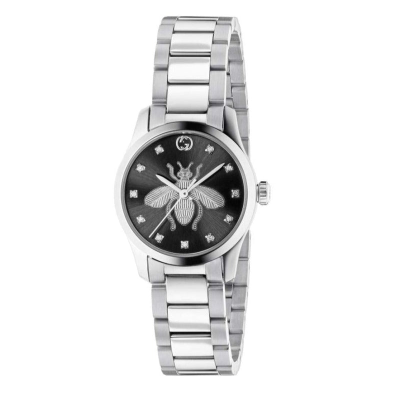 Shop Gucci G Timeless Quartz Diamonds Black Dial Silver Steel Strap Watch For Women - YA1265024 in USA