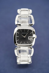 Shop Gucci G Gucci Black Dial Silver Steel Strap Watch For Women - YA125407 in USA
