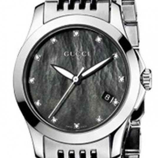 Gucci G Timeless Diamonds Mother of Pearl Black Dial Silver Steel Strap Watch For Women - YA126505 Buy Now By Gucci