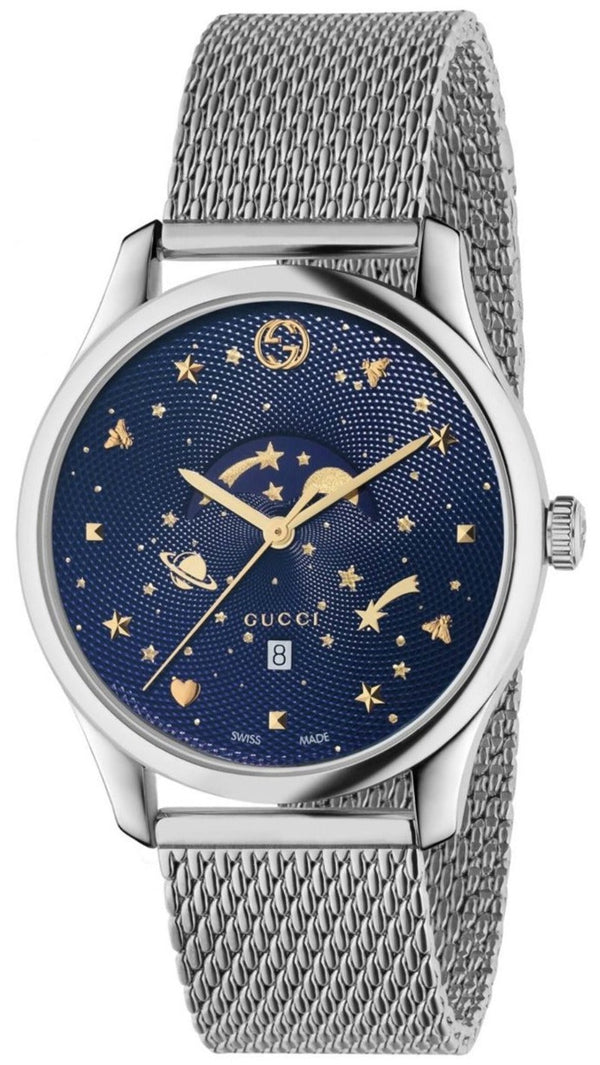Shop Gucci G-Timeless Motifs Moon Phase Blue Dial Silver Mesh Bracelet Watch For Men - YA126328 in USA