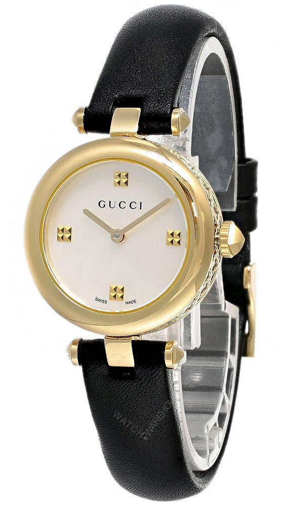 Shop Gucci Diamantissima Quartz Mother of Pearl Dial Black Leather Strap Watch for Women - YA141404 in USA