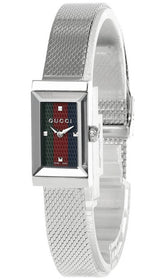 Shop Gucci G Frame Quartz Diamonds Green & Red Mother of Pearl Dial Silver Mesh Bracelet Watch For Women - YA147510 in USA