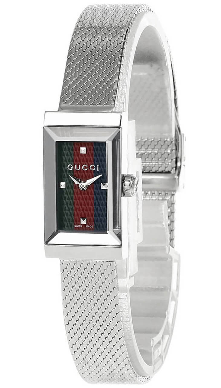 Shop Gucci G Frame Quartz Diamonds Green & Red Mother of Pearl Dial Silver Mesh Bracelet Watch For Women - YA147510 in USA