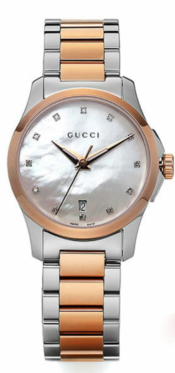 Shop Gucci G Timeless Diamonds Mother of Pearl Dial Two Tone Steel Strap Watch For Women - YA126544 in USA