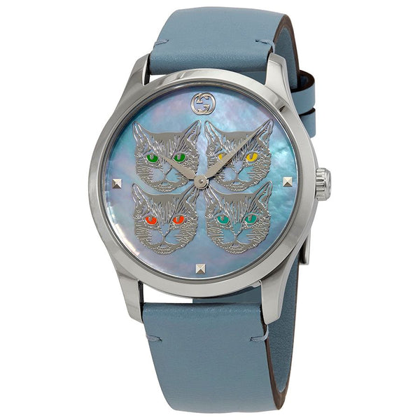 Shop Gucci G Timeless Quartz Mother of Pearl Dial Blue Leather Strap Watch For Women - YA1264124 in USA