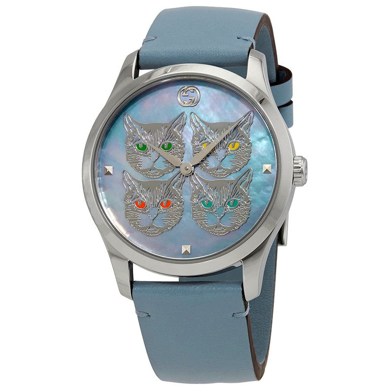 Shop Gucci G Timeless Quartz Mother of Pearl Dial Blue Leather Strap Watch For Women - YA1264124 in USA