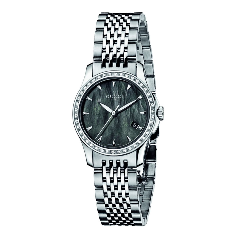 Gucci G Timeless Diamonds Mother of Pearl Black Dial Silver Mesh Bracelet Watch For Women - YA126507 Buy Now By Gucci