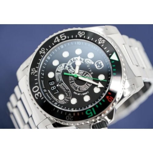 Shop Gucci Dive Snake Black Dial Silver Steel Strap Watch For Men - YA136218 in USA