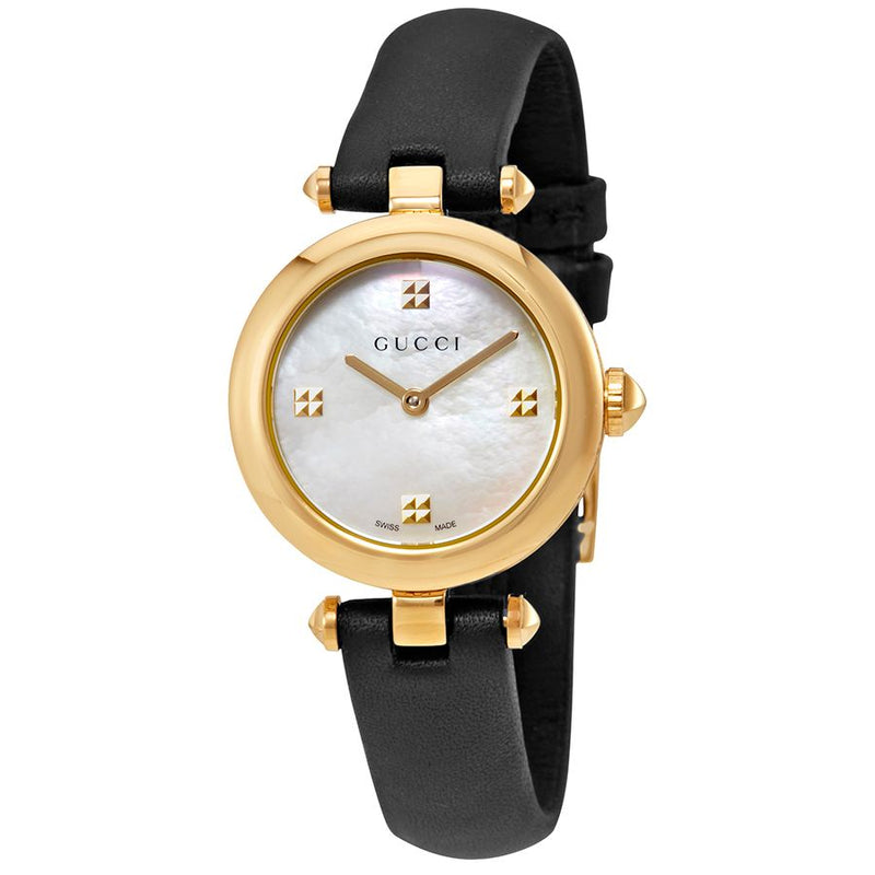 Shop Gucci Diamantissima Mother of Pearl Dial Black Leather Strap Watch For Women - YA141505 in USA