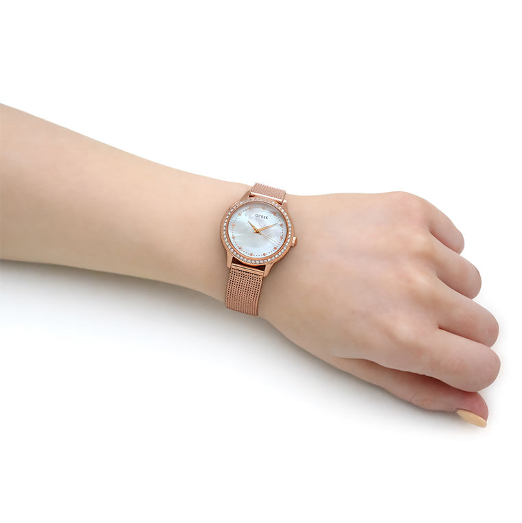 Guess Chelsea Mother of Pearl White Dial Rose Gold Mesh Strap Watch For Women - W0647L2 Buy Now By Guess
