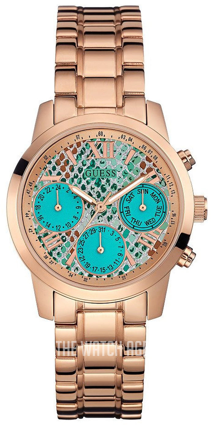 Guess Mini Sunrise Multi Function Analog Turquoise Dial Rose Gold Steel Strap Watch For Women - W0448L8 Buy Now By Guess