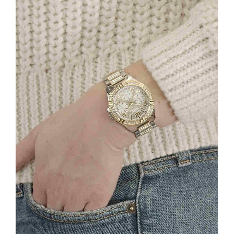 Guess Frontier Chronograph Crystals Gold Dial Two Tone Steel Strap Watch For Women - W1156L5 Buy Now By Guess