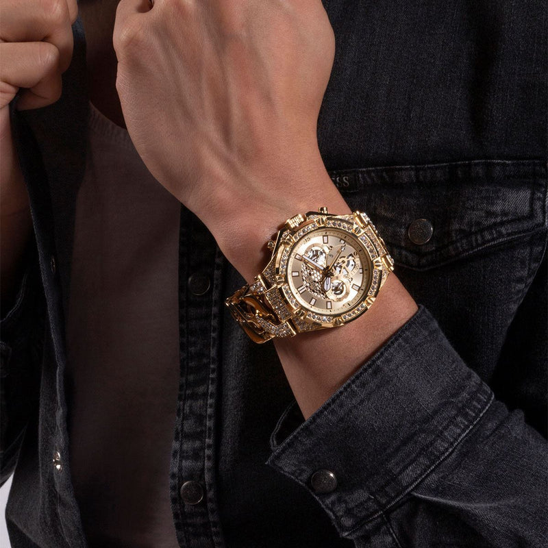 Shop Guess Continental Diamonds Gold Dial Gold Steel Strap Watch for Men - GW0261G2 in USA