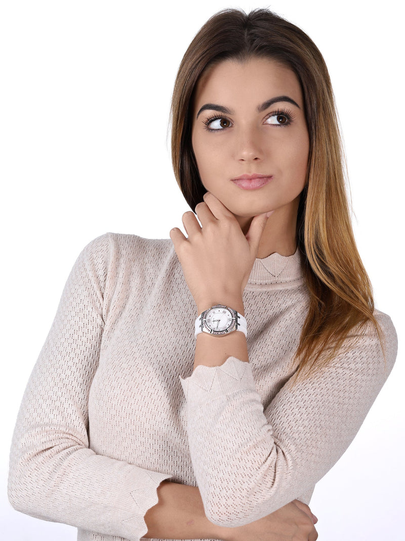 Guess Sparkling Silver Dial White Rubber Strap Watch For Women - GW0032L1 Buy Now By Guess