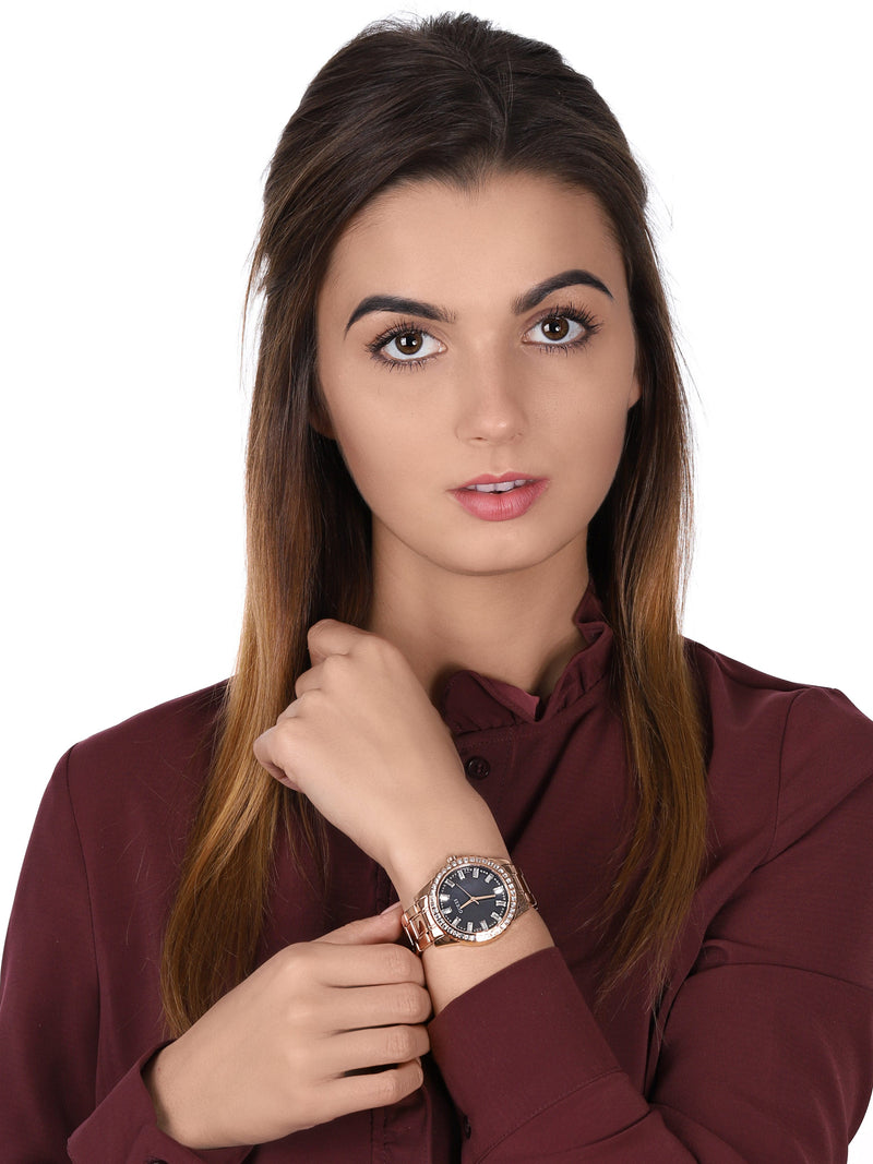 Guess Sparkler Diamonds Black Dial Rose Gold Steel Strap Watch for Women - GW0111L3 Buy Now By Guess