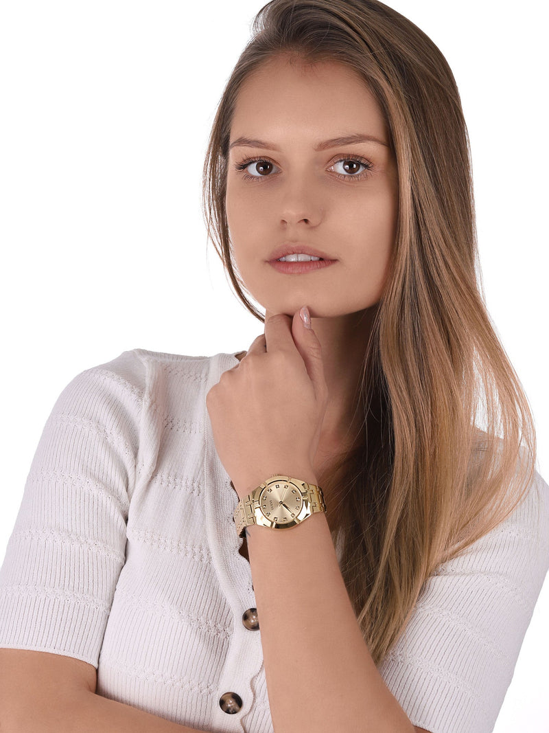 Shop Guess Crystalline Diamonds Gold Dial Gold Steel Strap Watch for Women - GW0114L2 in USA