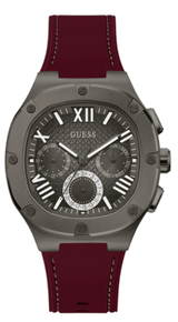 Guess Headline Multifunction Grey Dial Burgundy Silicone Strap Watch For Men - GW0571G4 Buy Now By Guess
