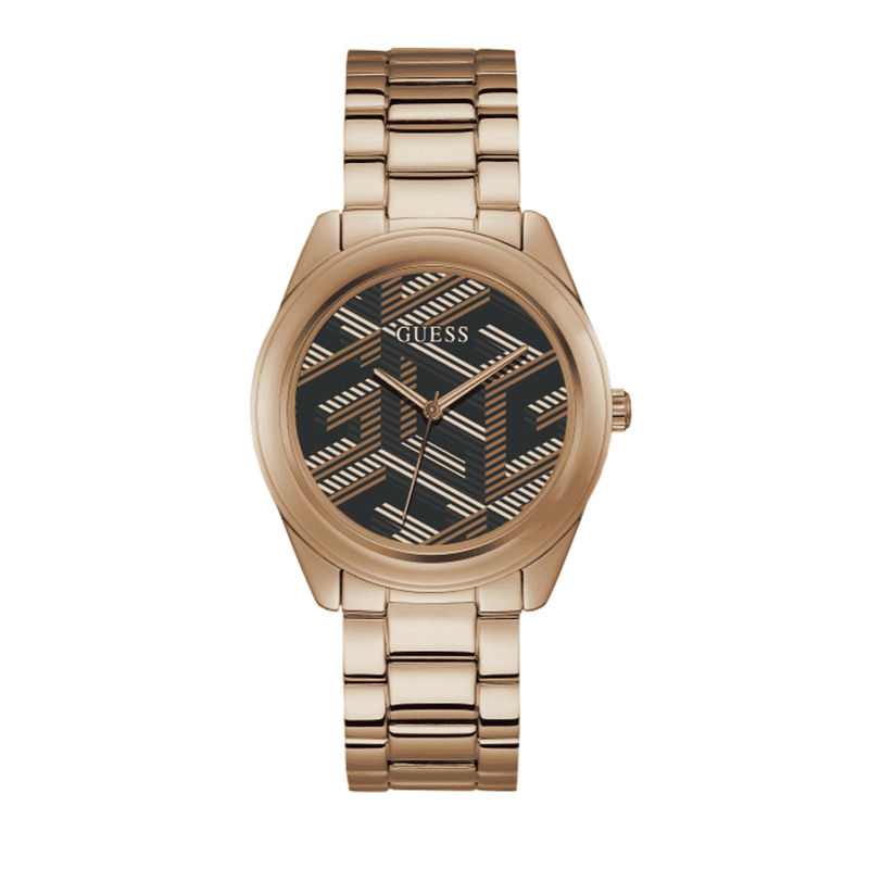 Shop Guess Cubed Analog Black Dial Rose Gold Steel Strap Watch For Women - GW0607L3 in USA