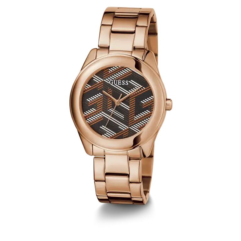 Shop Guess Cubed Analog Black Dial Rose Gold Steel Strap Watch For Women - GW0607L3 in USA
