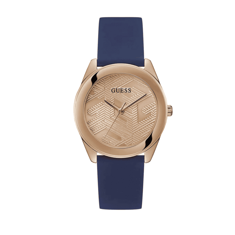Guess Cubed Analog Rose Gold Dial Blue Leather Strap Watch For Women - GW0665L2 Buy Now By Guess