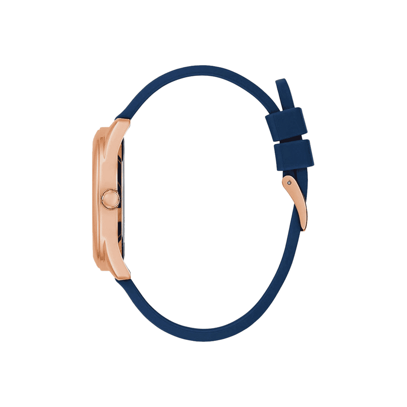 Guess Cubed Analog Rose Gold Dial Blue Leather Strap Watch For Women - GW0665L2 Buy Now By Guess