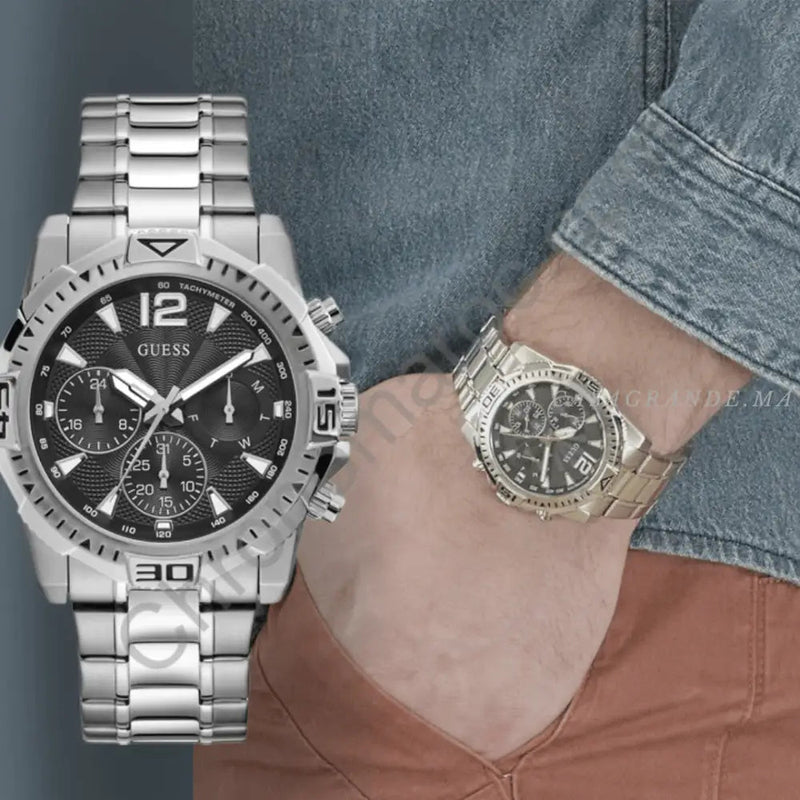 Shop Guess Commander Chronograph Black Dial Silver Steel Strap Watch for Men - GW0056G1 in USA
