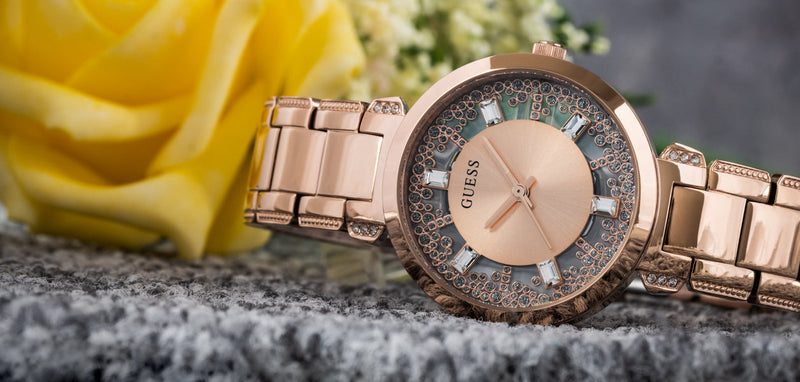 Guess Crystal Clear Rose Gold Dial Rose Gold Steel Strap Watch for Women - GW0470L3 Buy Now By Guess