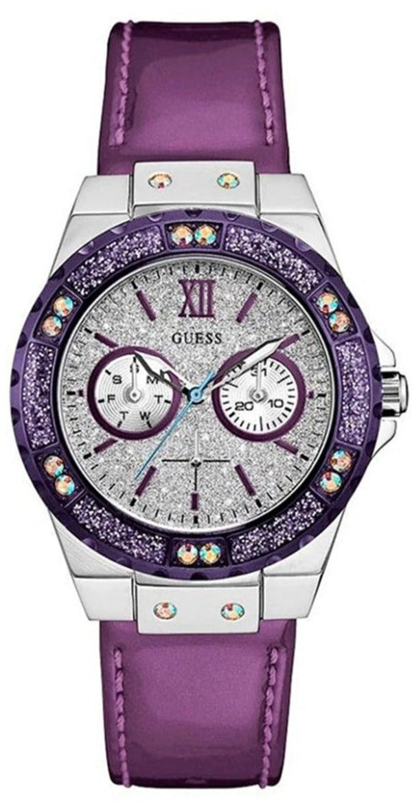 Shop Guess Limelight Quartz Silver Dial Purple Leather Strap Watch For Women - W0775L6 in USA