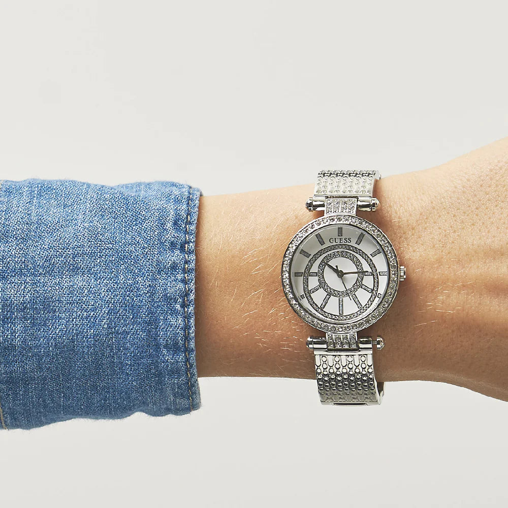 Guess Muse Quartz White Dial Silver Steel Strap Watch For Women - W1008l1