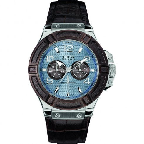 Shop Guess Rigor Analogue Quartz Blue Dial Brown Leather Strap Watch For Men - W0040G10 in USA