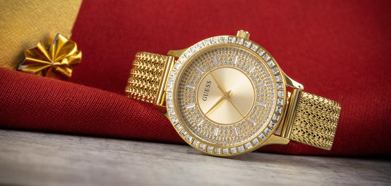 Shop Guess Soiree Diamonds Gold Dial Gold Mesh Bracelet Watch for Women - GW0402L2 in USA