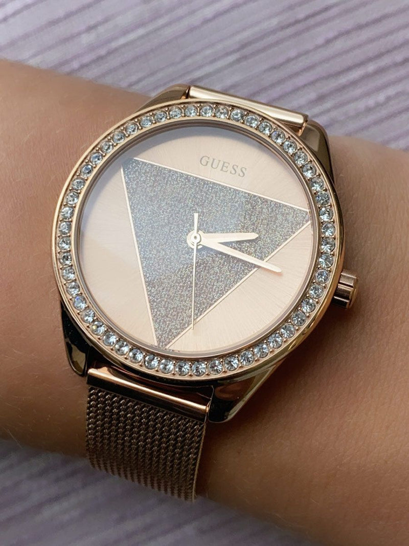 Shop Guess Tri Glitz Quartz Diamonds Rose Gold Dial Rose Gold Mesh Bracelet Watch For Women - W1142L4 in USA