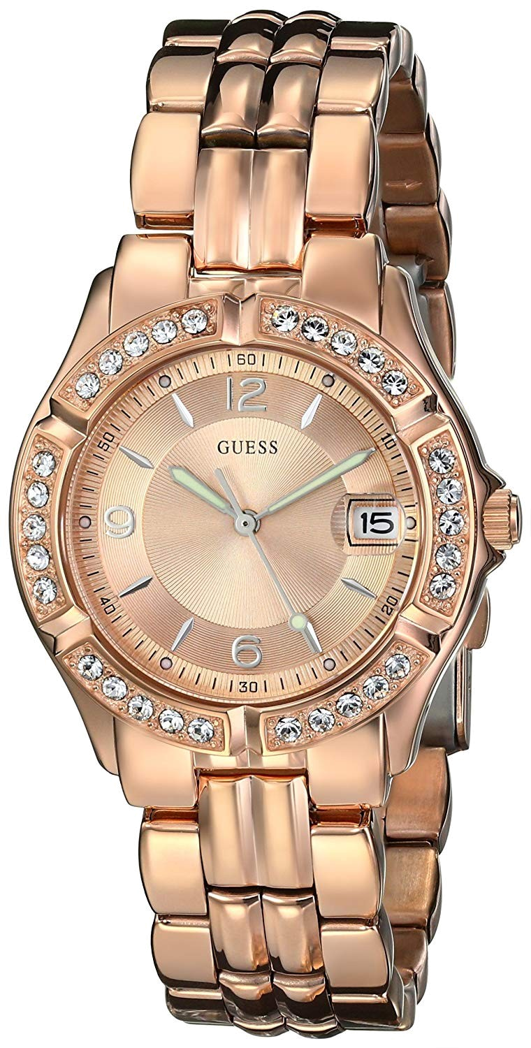 Shop Guess Crystal Diamonds Rose Gold Dial Rose Gold Steel Strap Watch For Women - W11069L1 in USA