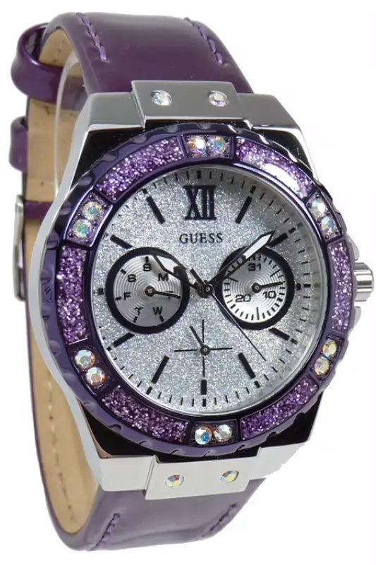 Shop Guess Limelight Quartz Silver Dial Purple Leather Strap Watch For Women - W0775L6 in USA