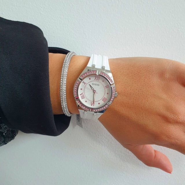 Guess Sparkling Silver Dial White Rubber Strap Watch For Women - GW0032L1 Buy Now By Guess