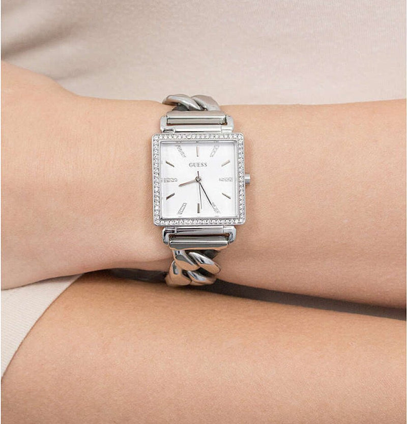 Shop Guess Vanity Diamonds White Dial Silver Steel Strap Watch for Women - W1030L1 in USA