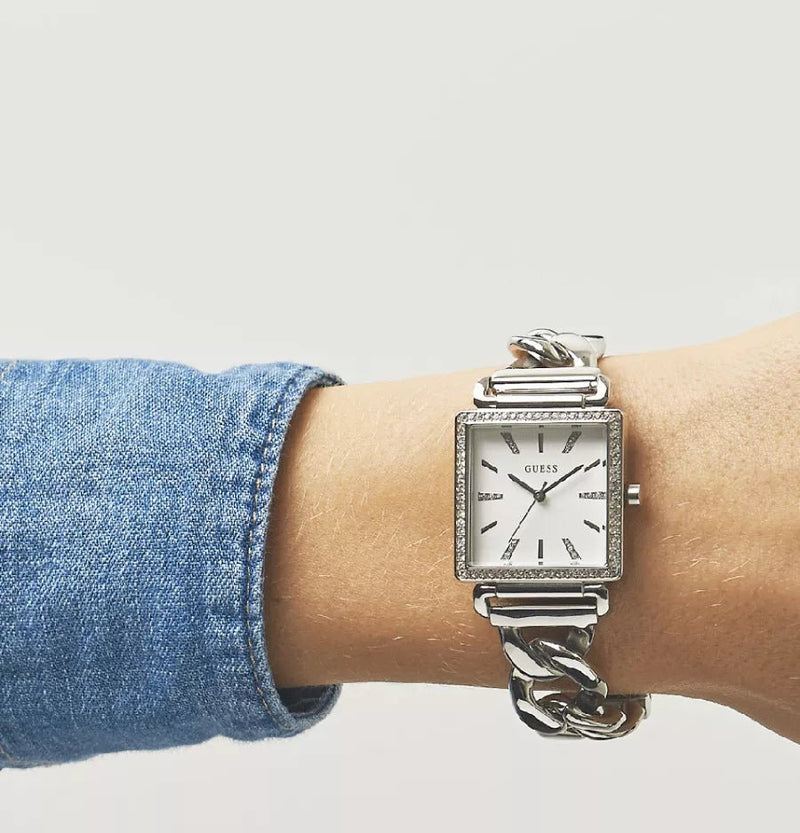 Shop Guess Vanity Diamonds White Dial Silver Steel Strap Watch for Women - W1030L1 in USA