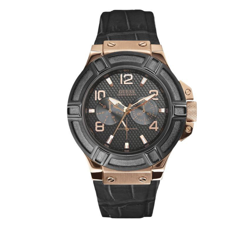 Guess Rigor Analog Black Dial Black Leather Strap Watch For Men - W0040G5 Buy Now By Guess