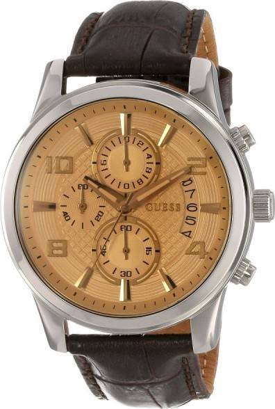 Guess Exec Chronograph Quartz Gold Dial Brown Leather Strap Watch for Men - W0076G3 Buy Now By Guess