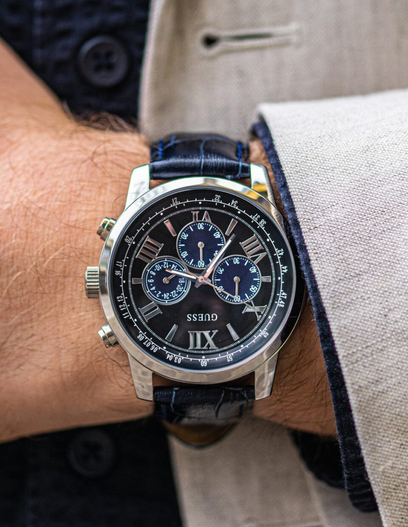 Guess Horizon Chronograph Quartz Black Dial Blue Leather Strap Watch For Men - W0380G3 Buy Now By Guess