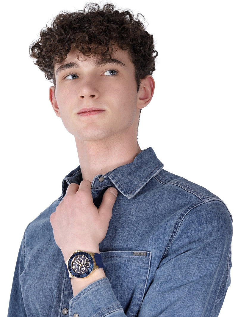 Guess Force Blue & Rose Gold Dial Blue Silicone Strap Watch For Men - W0674G2 Buy Now By Guess