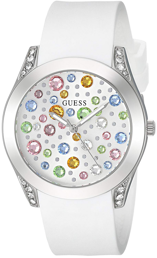 Guess Wanderlust Crystals Silver Dial White Rubber Strap Watch For Women - W1059L3 Buy Now By Guess