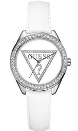 Guess Mini Triangle Quartz Diamonds Silver Dial White Leather Strap Watch For Women - W65006L1 Buy Now By Guess
