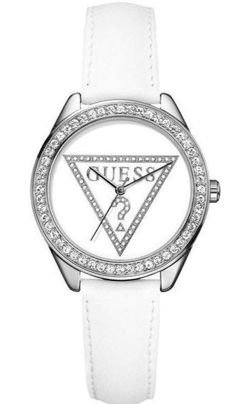 Guess Mini Triangle Quartz Diamonds Silver Dial White Leather Strap Watch For Women - W65006L1 Buy Now By Guess