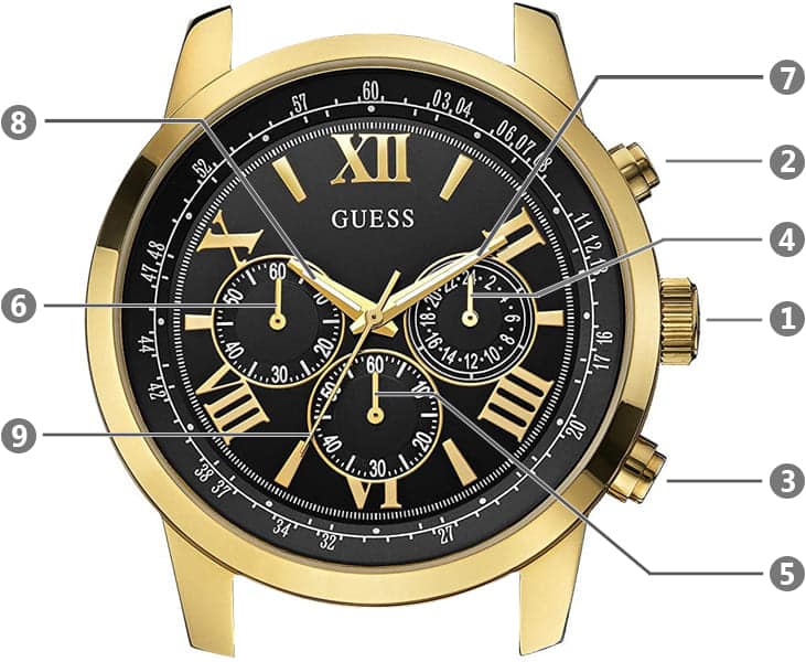 Guess Horizon Chronograph Black Dial Gold Steel Strap Watch For Men - W0379G4 Buy Now By Guess
